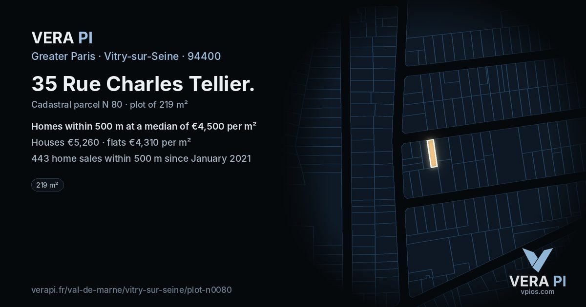35 Rue Charles Tellier, Vitry-sur-Seine at night – the plot lit, the parcels around coloured by the prices near them