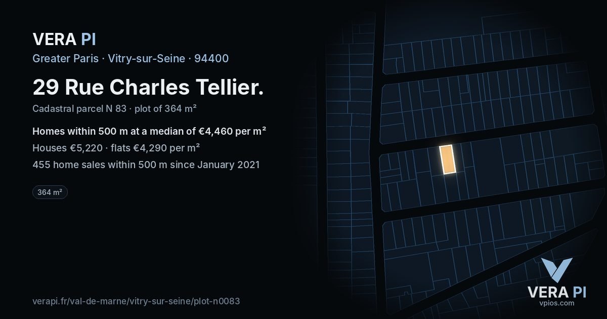 29 Rue Charles Tellier, Vitry-sur-Seine at night – the plot lit, the parcels around coloured by the prices near them
