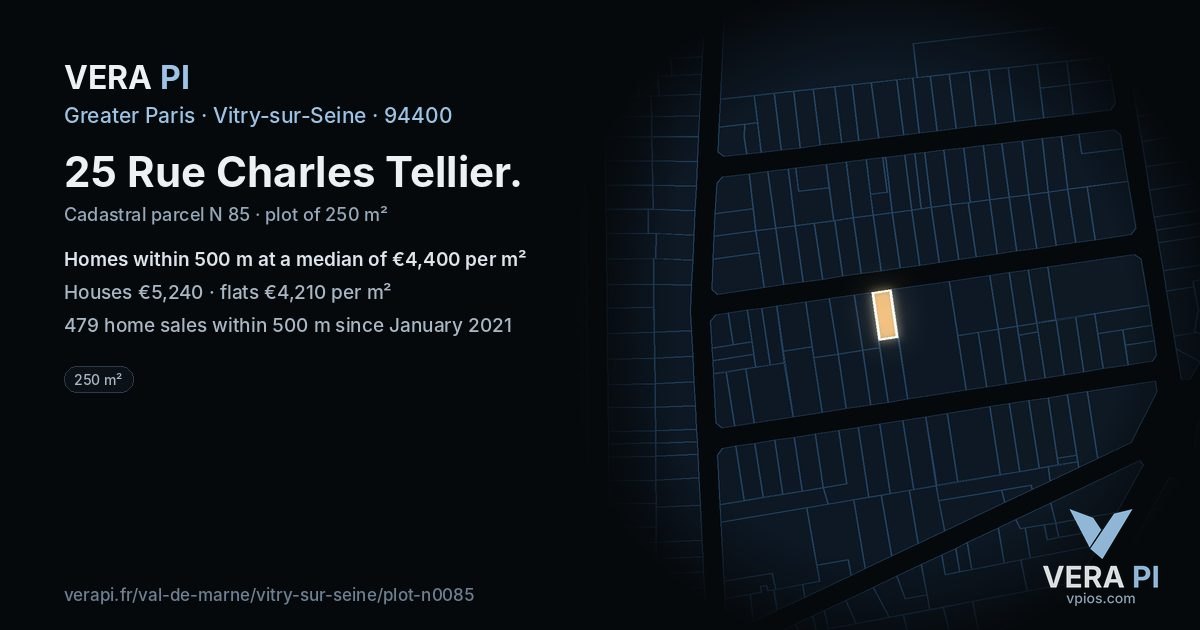25 Rue Charles Tellier, Vitry-sur-Seine at night – the plot lit, the parcels around coloured by the prices near them