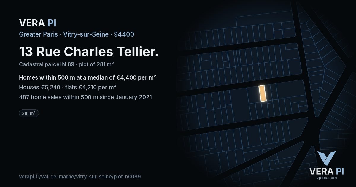13 Rue Charles Tellier, Vitry-sur-Seine at night – the plot lit, the parcels around coloured by the prices near them