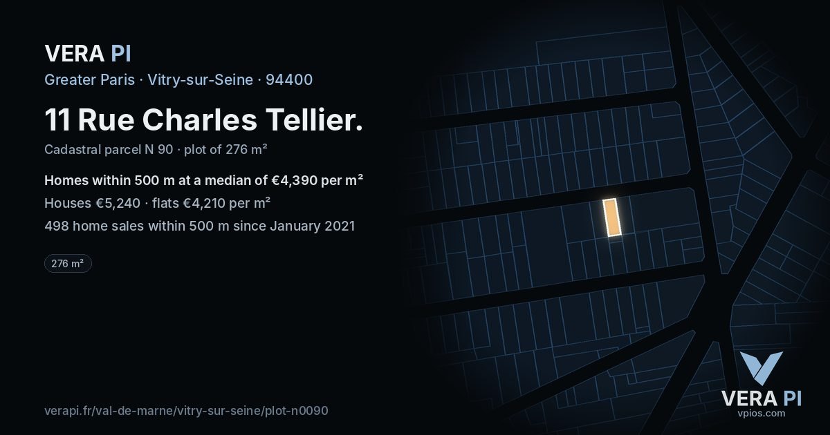11 Rue Charles Tellier, Vitry-sur-Seine at night – the plot lit, the parcels around coloured by the prices near them