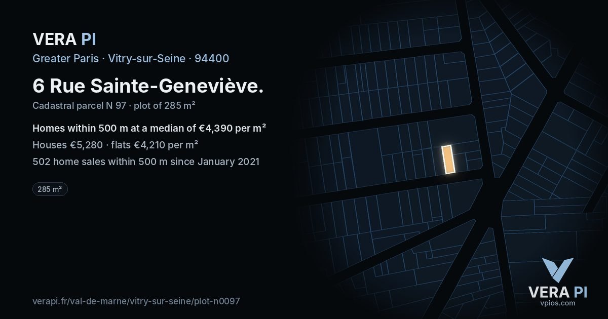 6 Rue Sainte-Geneviève, Vitry-sur-Seine at night – the plot lit, the parcels around coloured by the prices near them