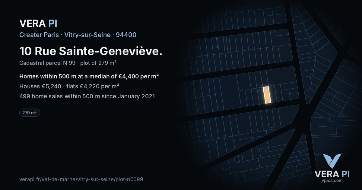 10 Rue Sainte-Geneviève, Vitry-sur-Seine at night – the plot lit, the parcels around coloured by the prices near them