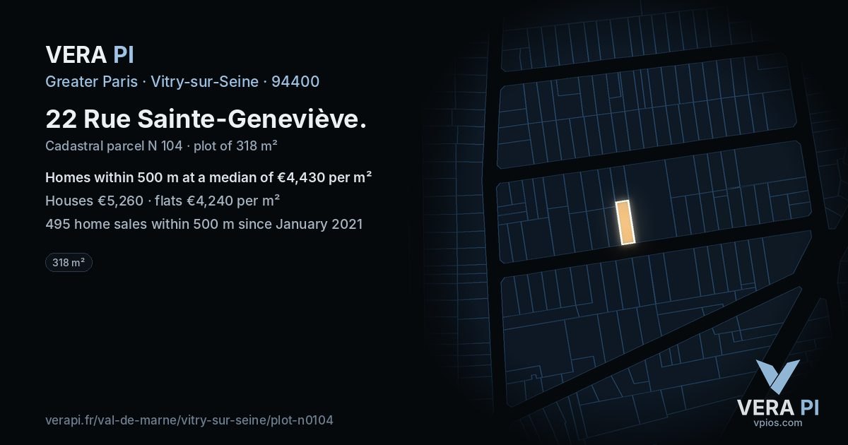 22 Rue Sainte-Geneviève, Vitry-sur-Seine at night – the plot lit, the parcels around coloured by the prices near them