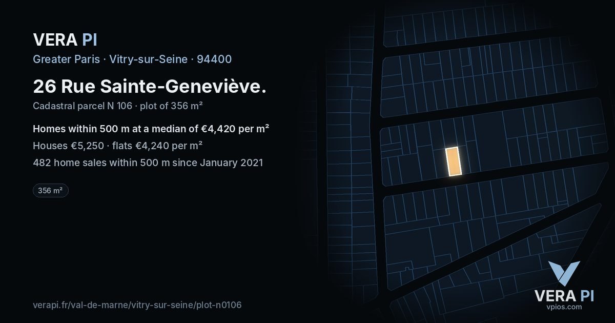 26 Rue Sainte-Geneviève, Vitry-sur-Seine at night – the plot lit, the parcels around coloured by the prices near them