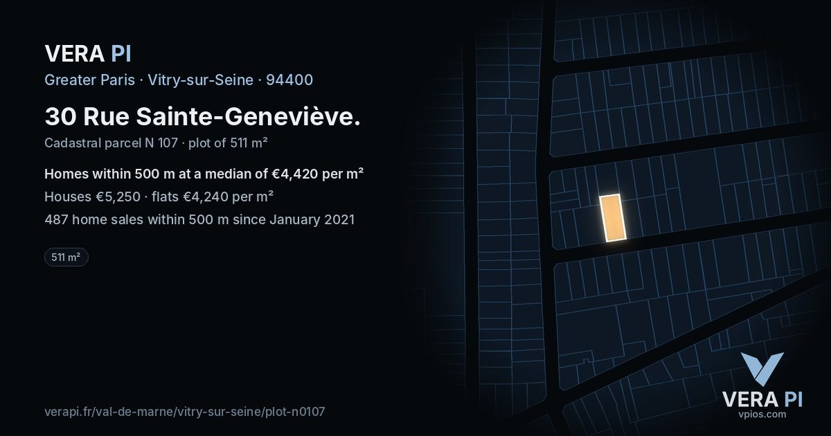 30 Rue Sainte-Geneviève, Vitry-sur-Seine at night – the plot lit, the parcels around coloured by the prices near them