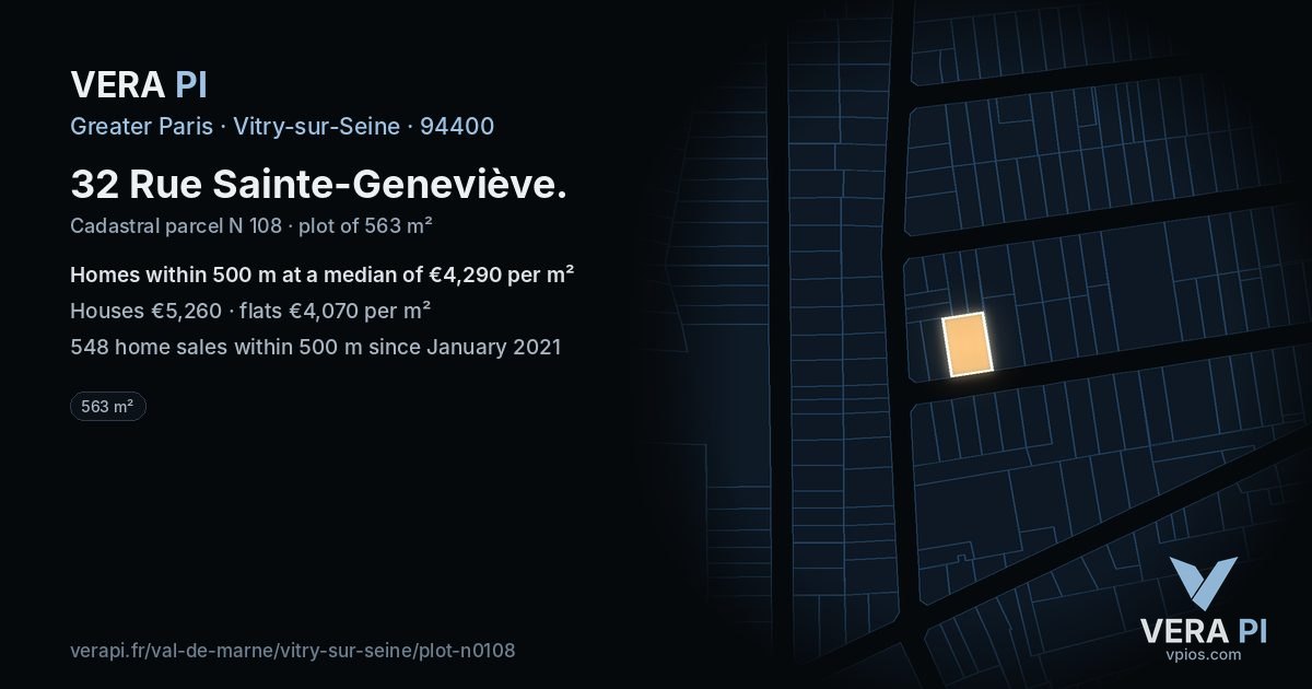 32 Rue Sainte-Geneviève, Vitry-sur-Seine at night – the plot lit, the parcels around coloured by the prices near them
