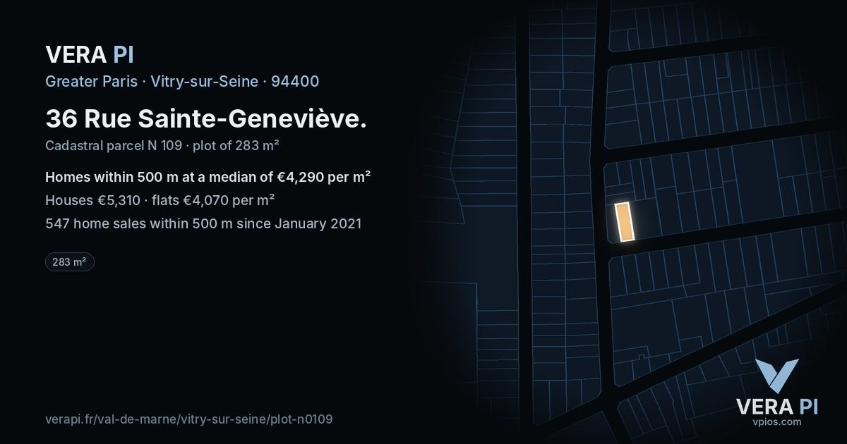 36 Rue Sainte-Geneviève, Vitry-sur-Seine at night – the plot lit, the parcels around coloured by the prices near them
