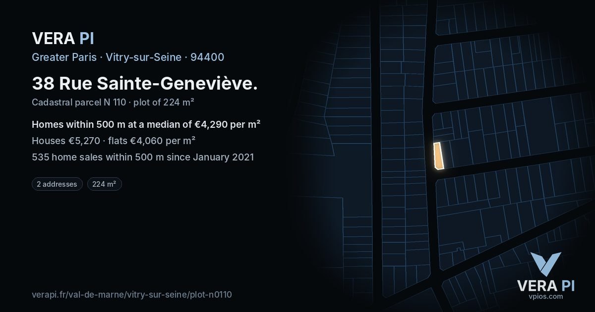 38 Rue Sainte-Geneviève, Vitry-sur-Seine at night – the plot lit, the parcels around coloured by the prices near them