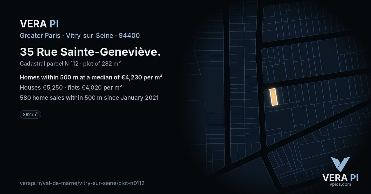 35 Rue Sainte-Geneviève, Vitry-sur-Seine at night – the plot lit, the parcels around coloured by the prices near them