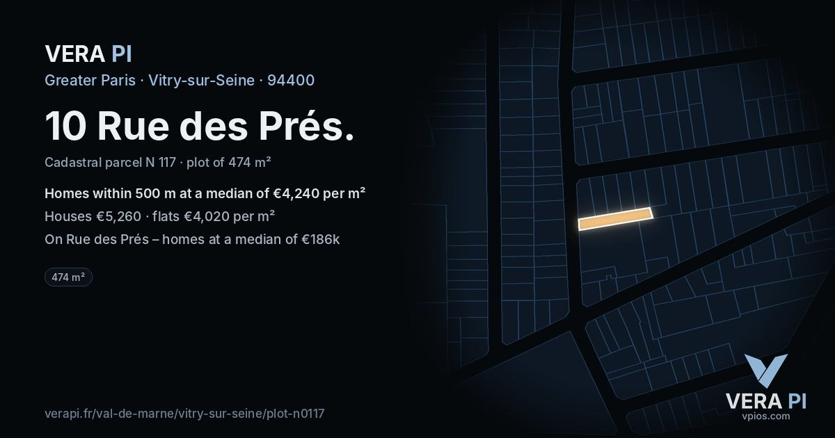 10 Rue des Prés, Vitry-sur-Seine at night – the plot lit, the parcels around coloured by the prices near them