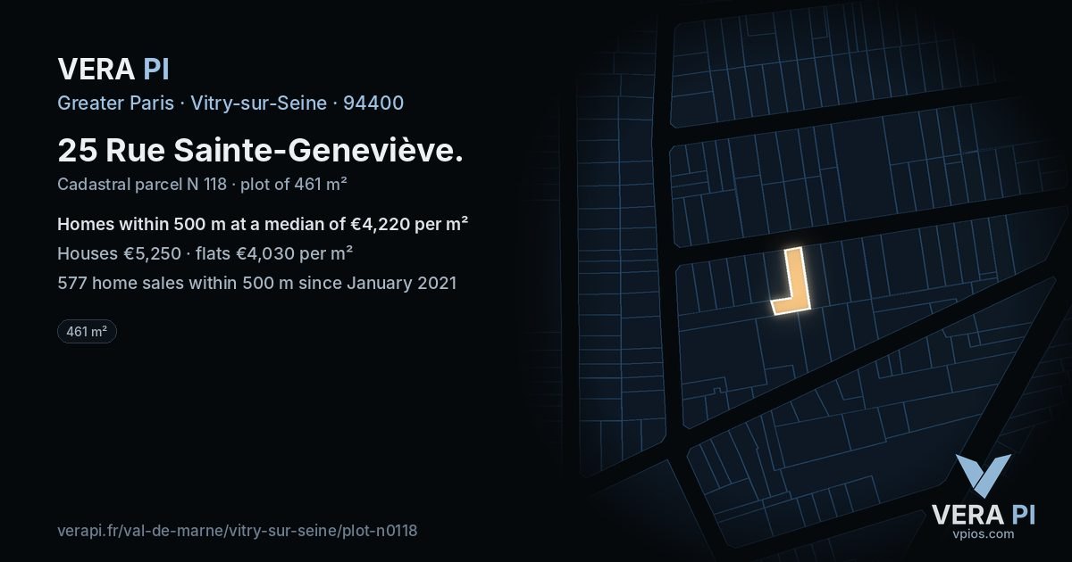 25 Rue Sainte-Geneviève, Vitry-sur-Seine at night – the plot lit, the parcels around coloured by the prices near them