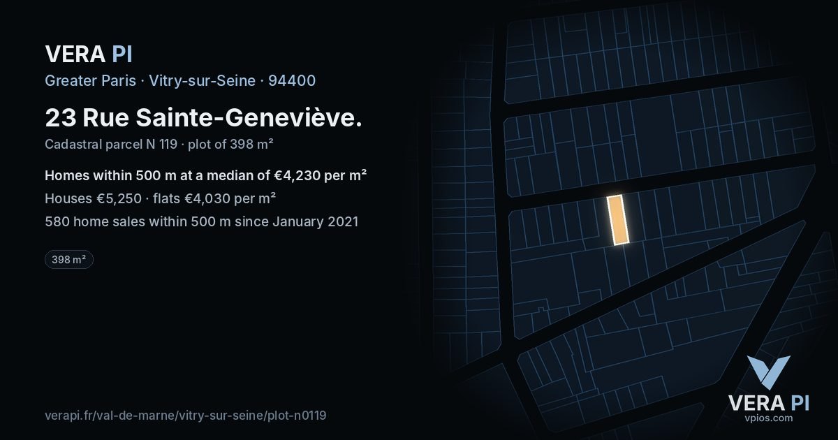 23 Rue Sainte-Geneviève, Vitry-sur-Seine at night – the plot lit, the parcels around coloured by the prices near them