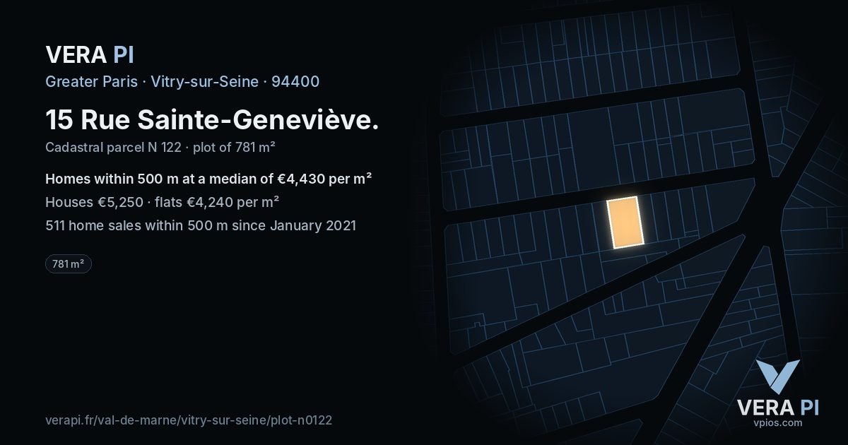 15 Rue Sainte-Geneviève, Vitry-sur-Seine at night – the plot lit, the parcels around coloured by the prices near them
