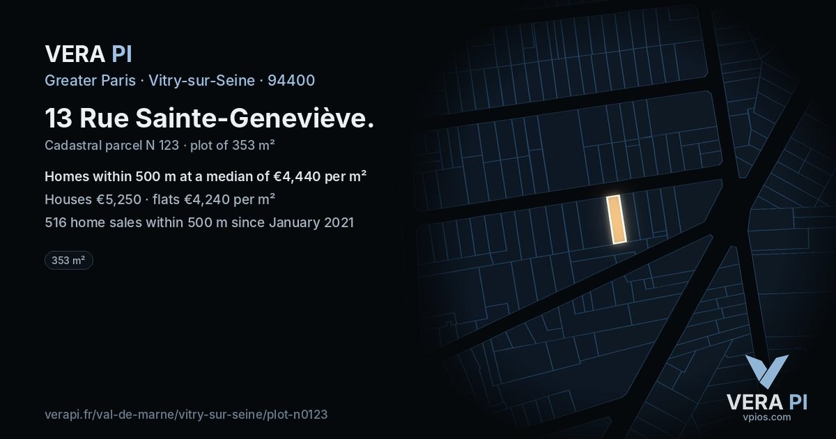 13 Rue Sainte-Geneviève, Vitry-sur-Seine at night – the plot lit, the parcels around coloured by the prices near them
