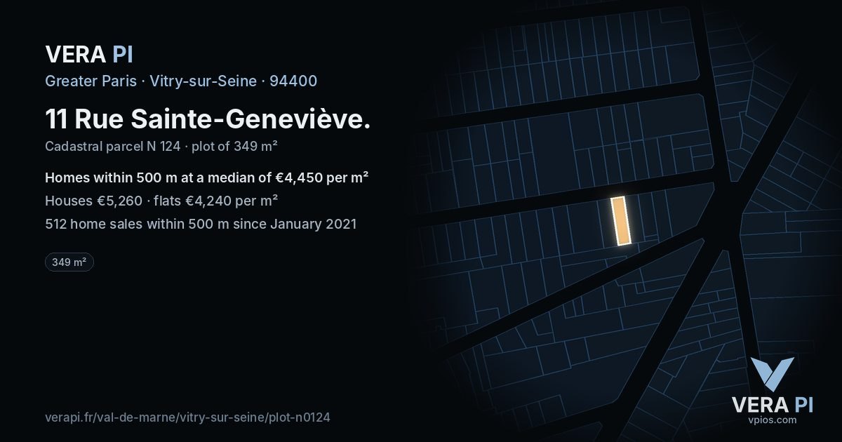 11 Rue Sainte-Geneviève, Vitry-sur-Seine at night – the plot lit, the parcels around coloured by the prices near them