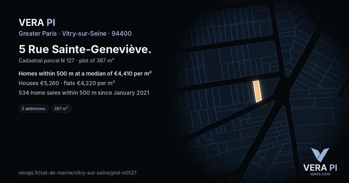 5 Rue Sainte-Geneviève, Vitry-sur-Seine at night – the plot lit, the parcels around coloured by the prices near them