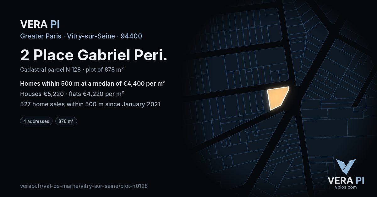 2 Place Gabriel Peri, Vitry-sur-Seine at night – the plot lit, the parcels around coloured by the prices near them