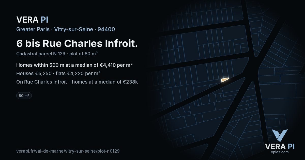 6 bis Rue Charles Infroit, Vitry-sur-Seine at night – the plot lit, the parcels around coloured by the prices near them