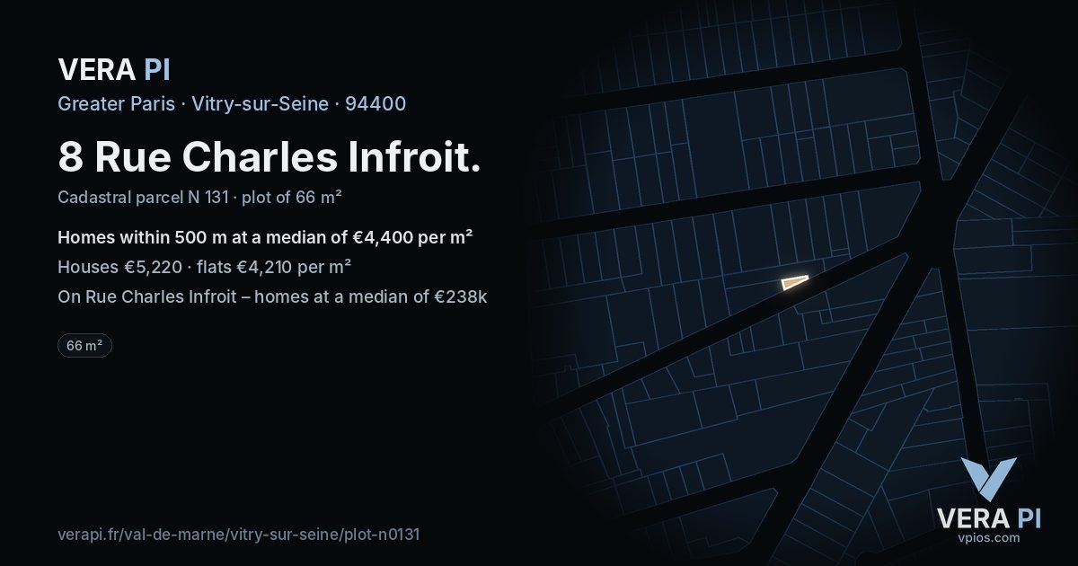 8 Rue Charles Infroit, Vitry-sur-Seine at night – the plot lit, the parcels around coloured by the prices near them
