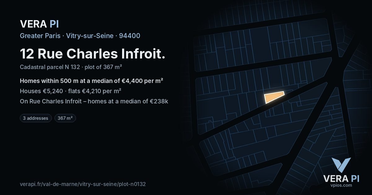 12 Rue Charles Infroit, Vitry-sur-Seine at night – the plot lit, the parcels around coloured by the prices near them