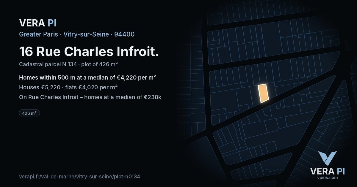 16 Rue Charles Infroit, Vitry-sur-Seine at night – the plot lit, the parcels around coloured by the prices near them