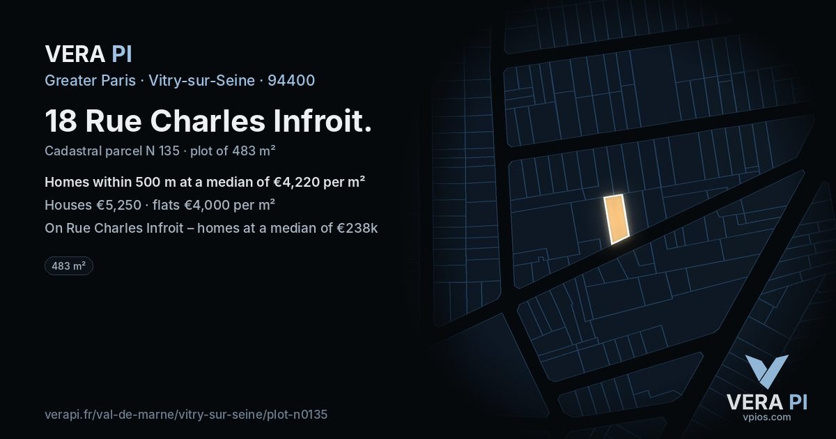 18 Rue Charles Infroit, Vitry-sur-Seine at night – the plot lit, the parcels around coloured by the prices near them