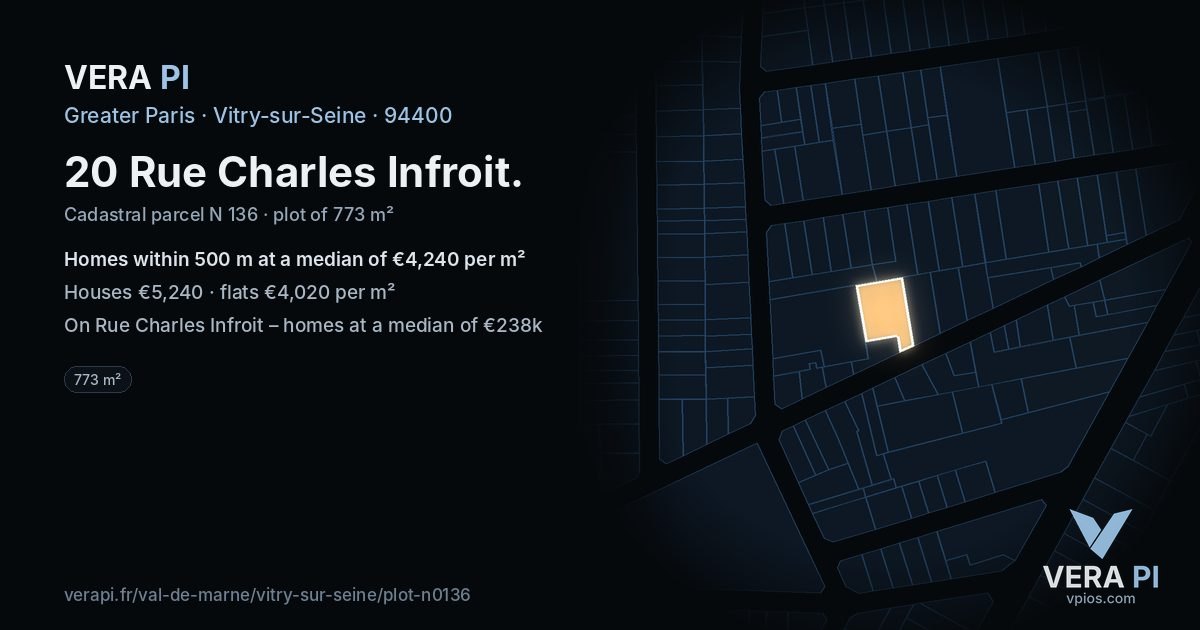 20 Rue Charles Infroit, Vitry-sur-Seine at night – the plot lit, the parcels around coloured by the prices near them