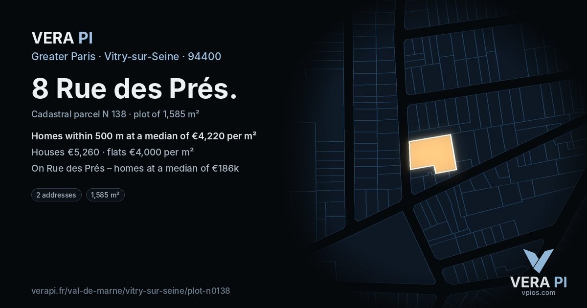 8 Rue des Prés, Vitry-sur-Seine at night – the plot lit, the parcels around coloured by the prices near them