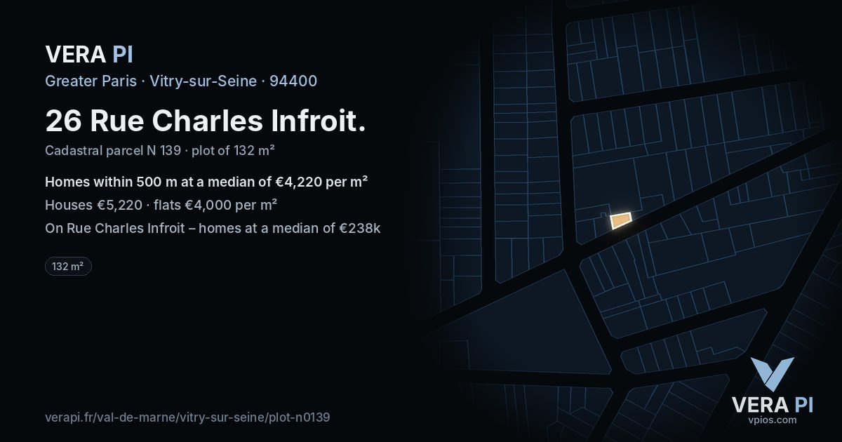 26 Rue Charles Infroit, Vitry-sur-Seine at night – the plot lit, the parcels around coloured by the prices near them