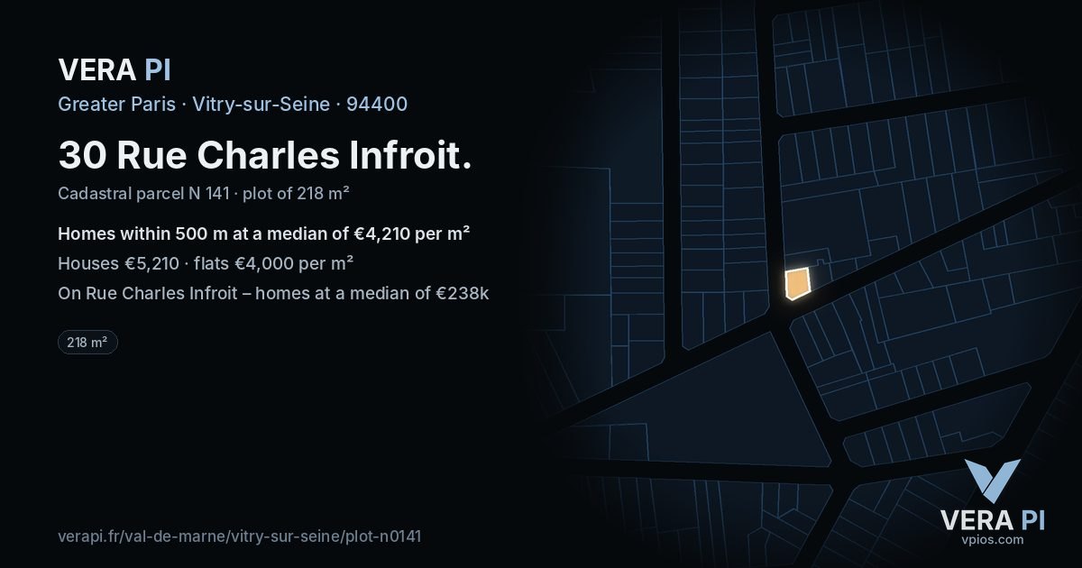 30 Rue Charles Infroit, Vitry-sur-Seine at night – the plot lit, the parcels around coloured by the prices near them
