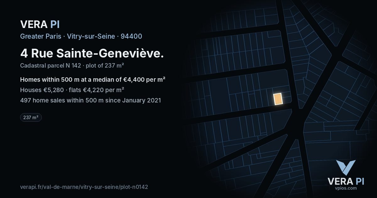 4 Rue Sainte-Geneviève, Vitry-sur-Seine at night – the plot lit, the parcels around coloured by the prices near them