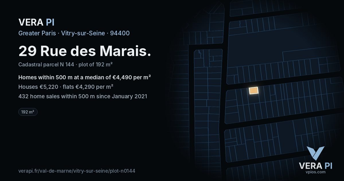 29 Rue des Marais, Vitry-sur-Seine at night – the plot lit, the parcels around coloured by the prices near them