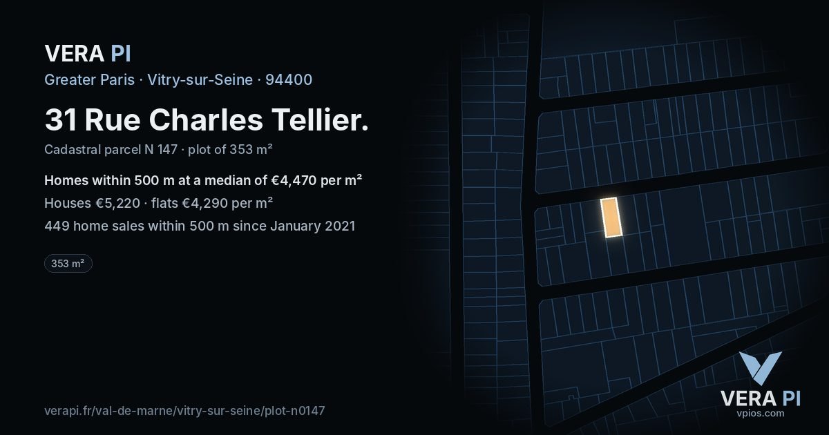 31 Rue Charles Tellier, Vitry-sur-Seine at night – the plot lit, the parcels around coloured by the prices near them