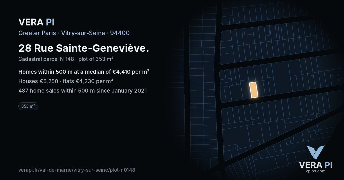 28 Rue Sainte-Geneviève, Vitry-sur-Seine at night – the plot lit, the parcels around coloured by the prices near them