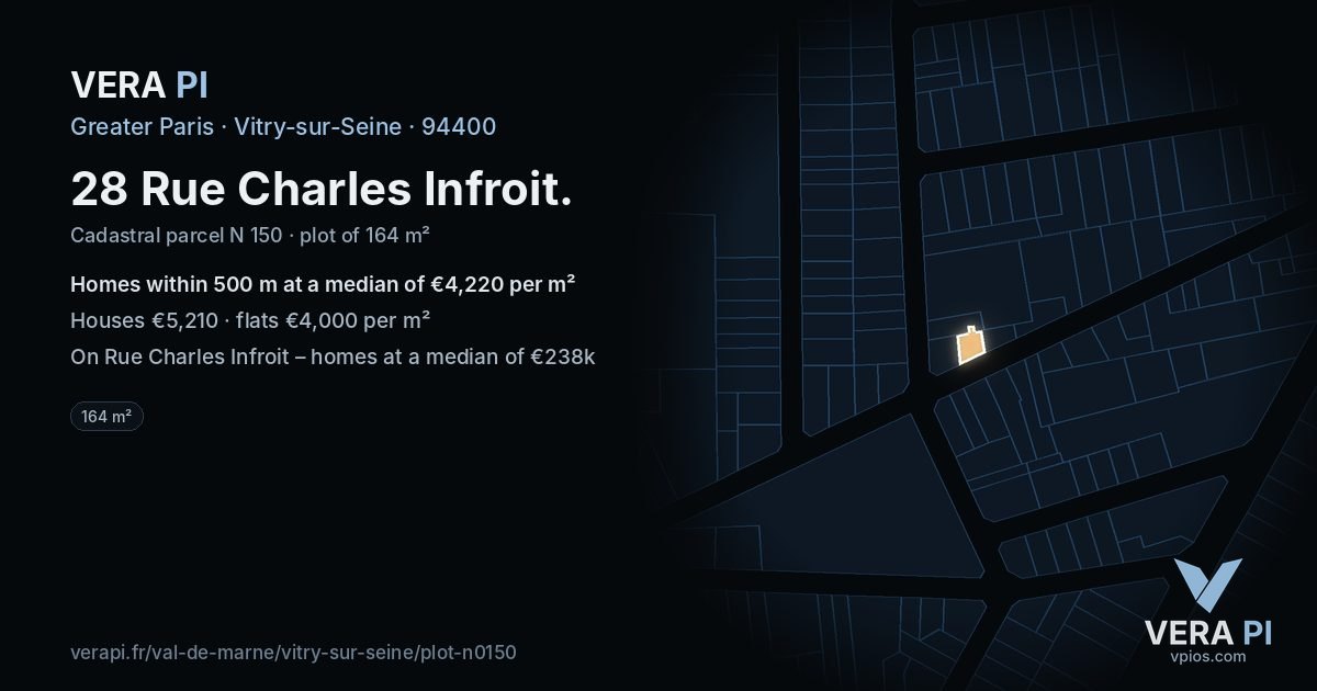 28 Rue Charles Infroit, Vitry-sur-Seine at night – the plot lit, the parcels around coloured by the prices near them