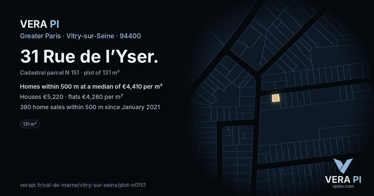 31 Rue de l’Yser, Vitry-sur-Seine at night – the plot lit, the parcels around coloured by the prices near them