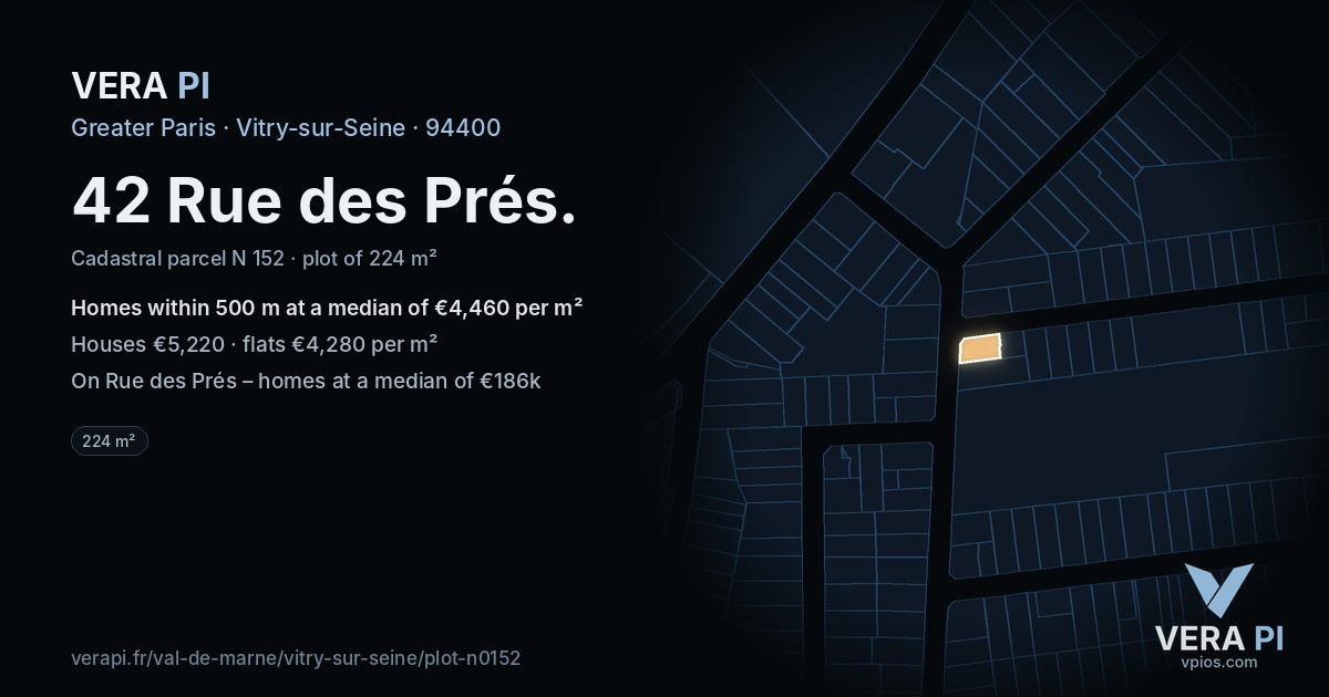 42 Rue des Prés, Vitry-sur-Seine at night – the plot lit, the parcels around coloured by the prices near them