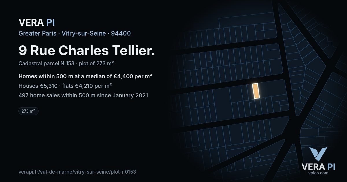 9 Rue Charles Tellier, Vitry-sur-Seine at night – the plot lit, the parcels around coloured by the prices near them