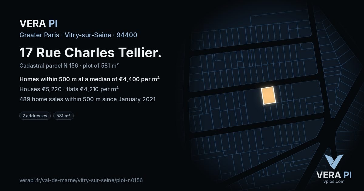 17 Rue Charles Tellier, Vitry-sur-Seine at night – the plot lit, the parcels around coloured by the prices near them
