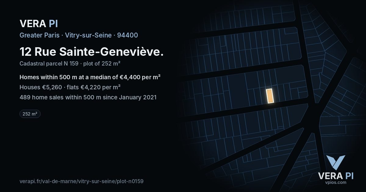 12 Rue Sainte-Geneviève, Vitry-sur-Seine at night – the plot lit, the parcels around coloured by the prices near them