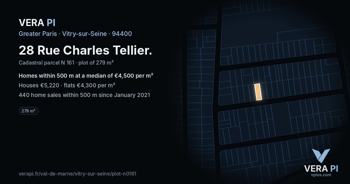 28 Rue Charles Tellier, Vitry-sur-Seine at night – the plot lit, the parcels around coloured by the prices near them