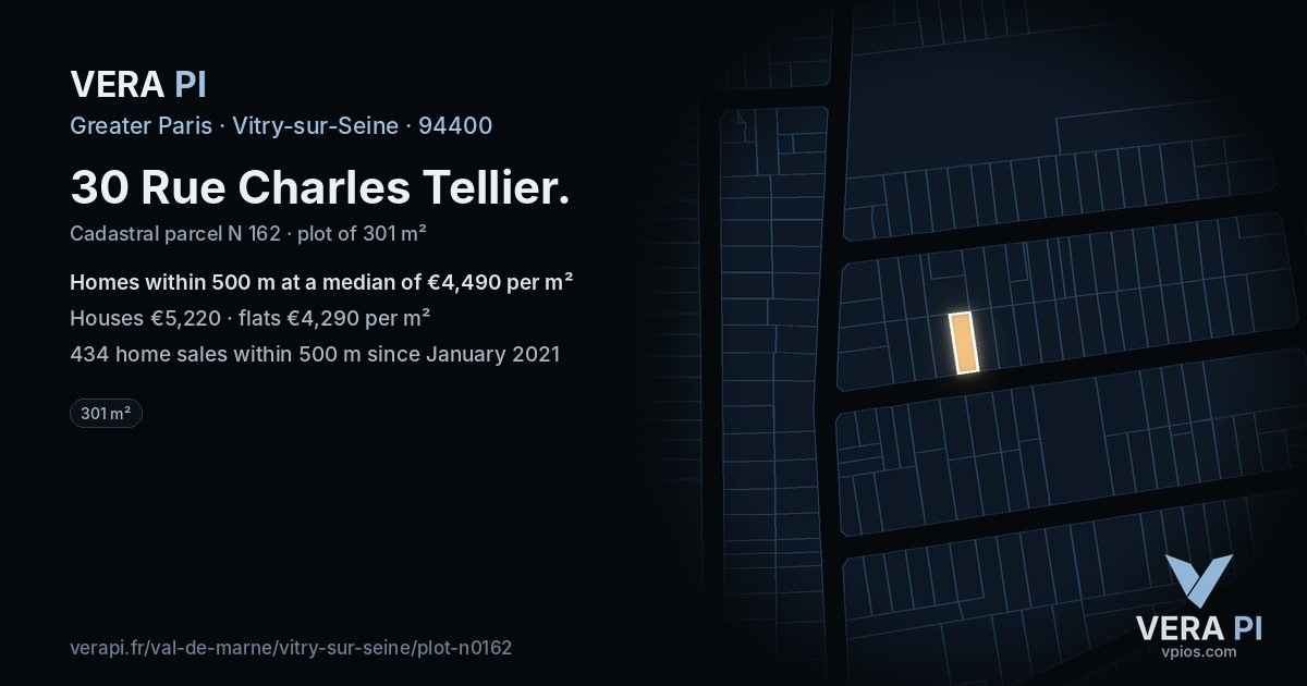 30 Rue Charles Tellier, Vitry-sur-Seine at night – the plot lit, the parcels around coloured by the prices near them