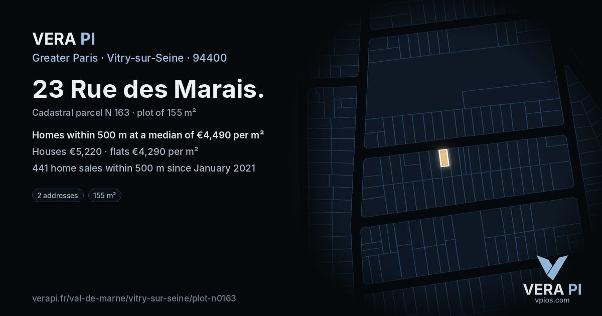 23 Rue des Marais, Vitry-sur-Seine at night – the plot lit, the parcels around coloured by the prices near them