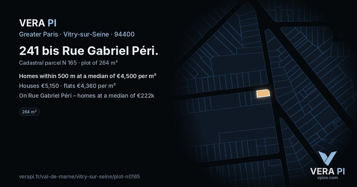 241 bis Rue Gabriel Péri, Vitry-sur-Seine at night – the plot lit, the parcels around coloured by the prices near them