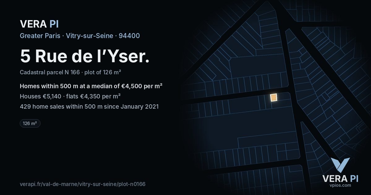 5 Rue de l’Yser, Vitry-sur-Seine at night – the plot lit, the parcels around coloured by the prices near them