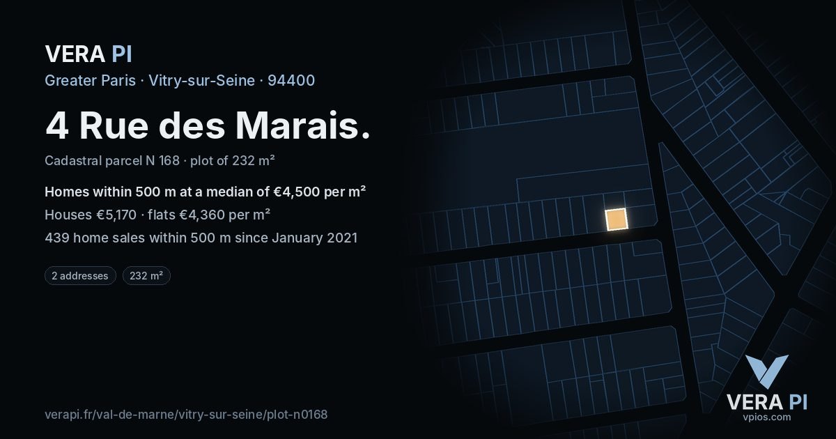 4 Rue des Marais, Vitry-sur-Seine at night – the plot lit, the parcels around coloured by the prices near them