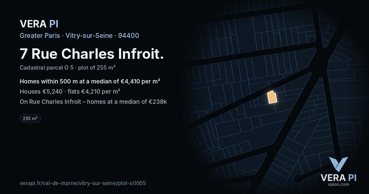 7 Rue Charles Infroit, Vitry-sur-Seine at night – the plot lit, the parcels around coloured by the prices near them