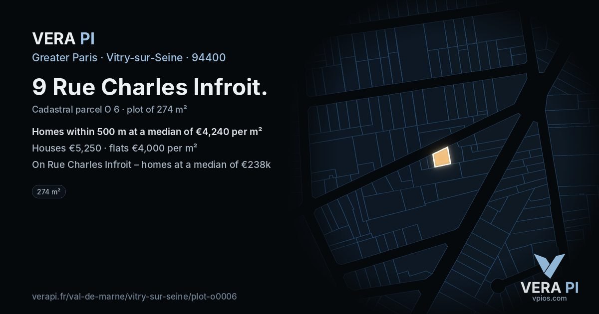9 Rue Charles Infroit, Vitry-sur-Seine at night – the plot lit, the parcels around coloured by the prices near them