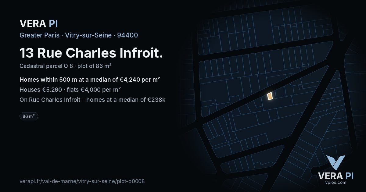 13 Rue Charles Infroit, Vitry-sur-Seine at night – the plot lit, the parcels around coloured by the prices near them